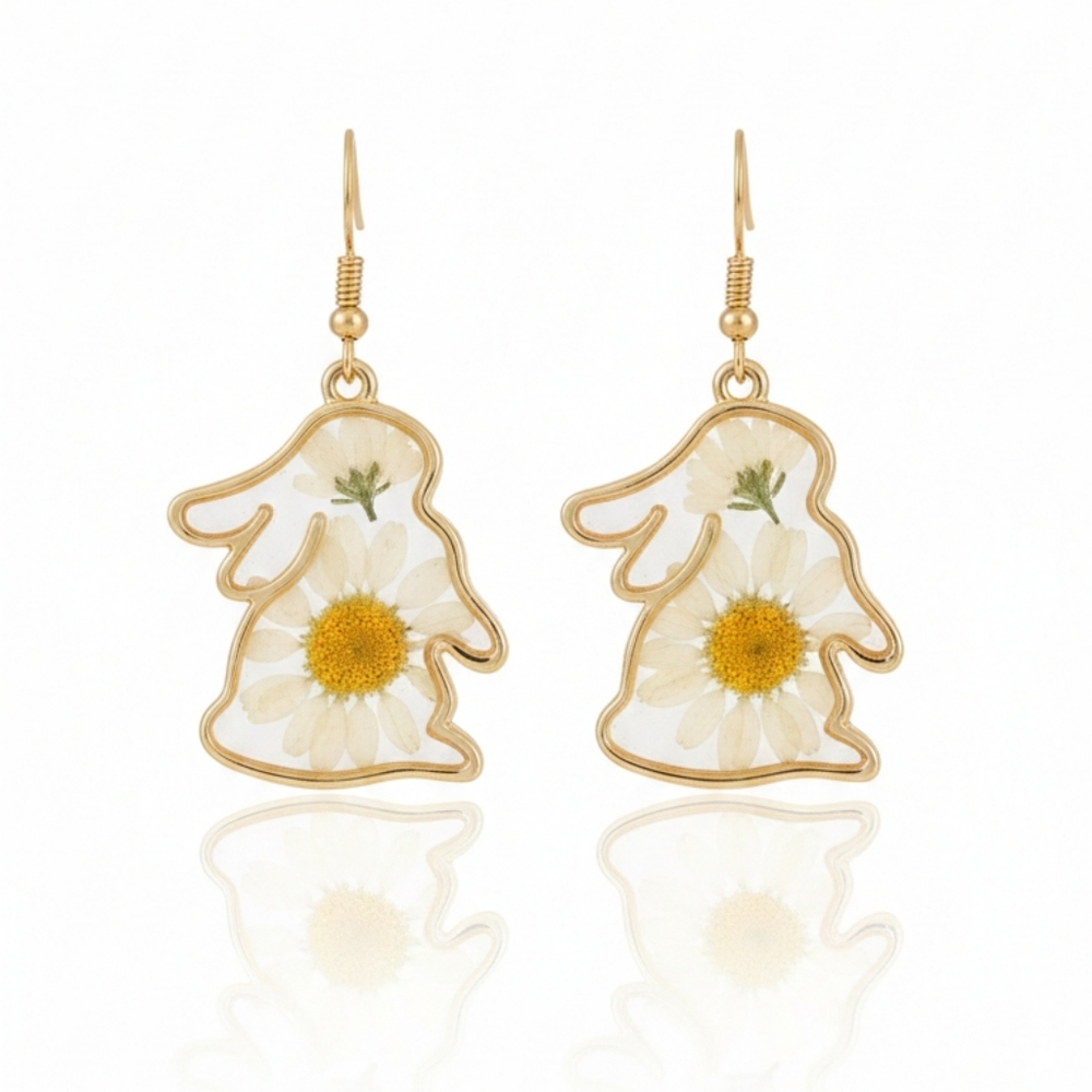 🆕️ Artisan With Real Floral & Resin Gold Floral Bunny Earrings Easter